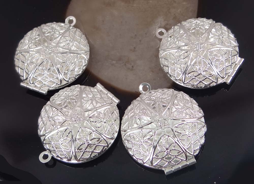 4 Silver Plated Filigree Hollow Locket Flat Round Pendants 27x32mm