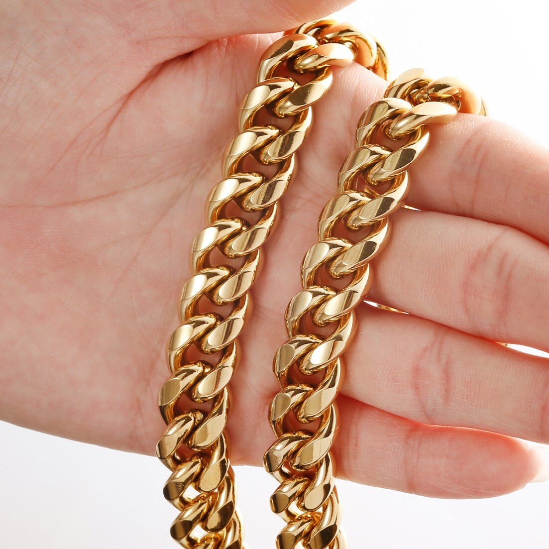 6-14mm Gold Tone Stainless Steel Miami Cuban Link Chain Necklace for Men Women