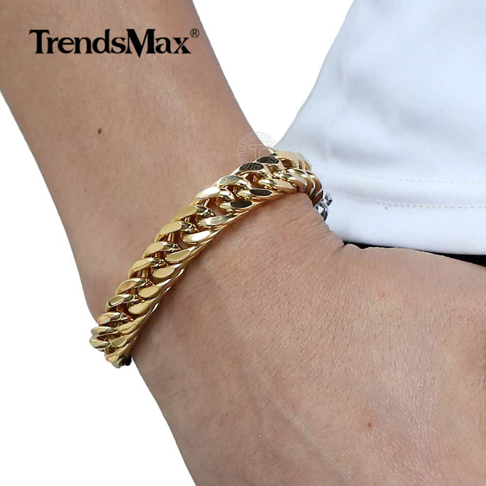 10/15mm Curb Cuban Rombo Link Bracelet Gold Plated 316L Stainless Steel Chain