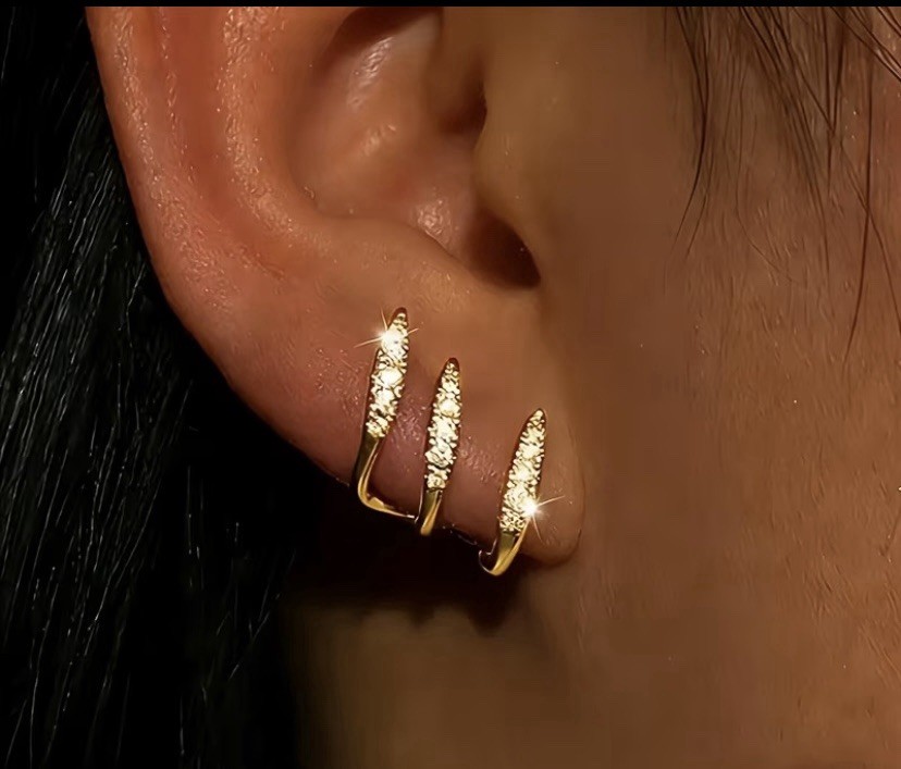 Gold Tone Crystal Hoop Earrings Rhinestone Triple Layer Fashion Earrings .