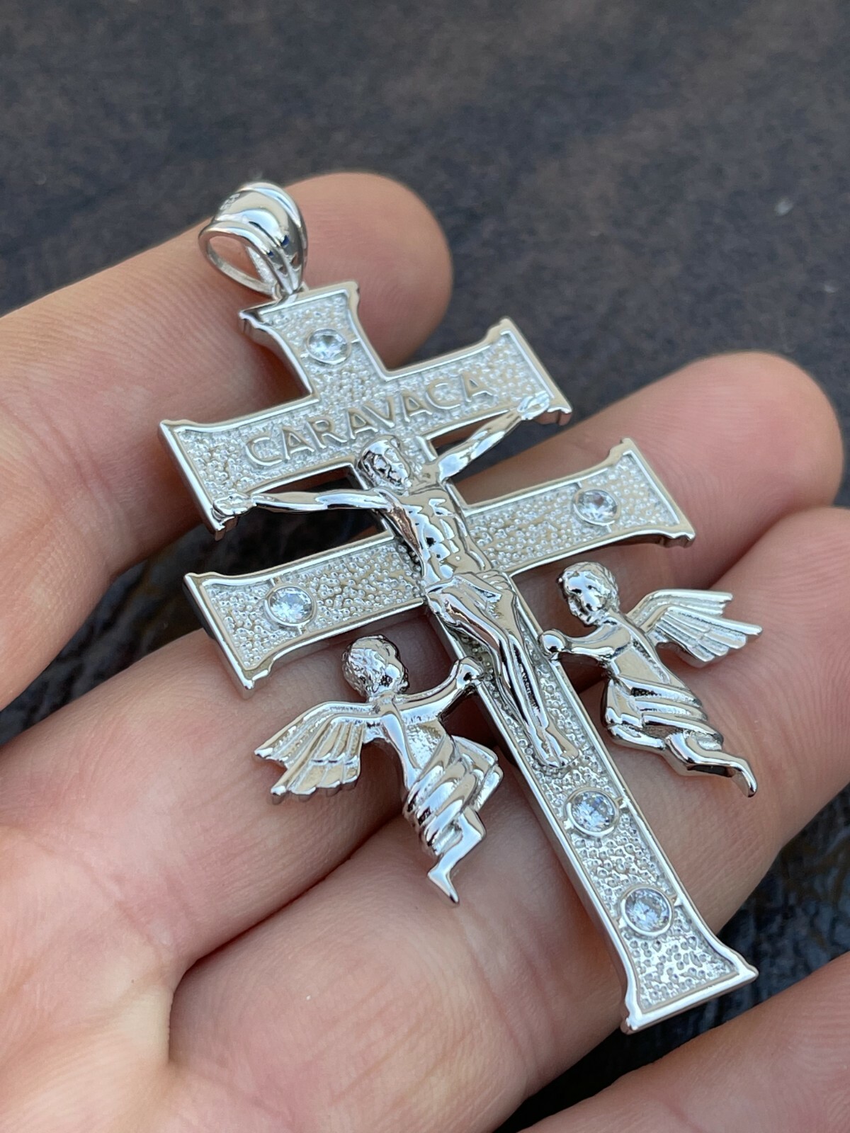 Real Solid Sterling 925 Silver Caravaca Cross Double Crucifix Mens LARGE 2.5″
