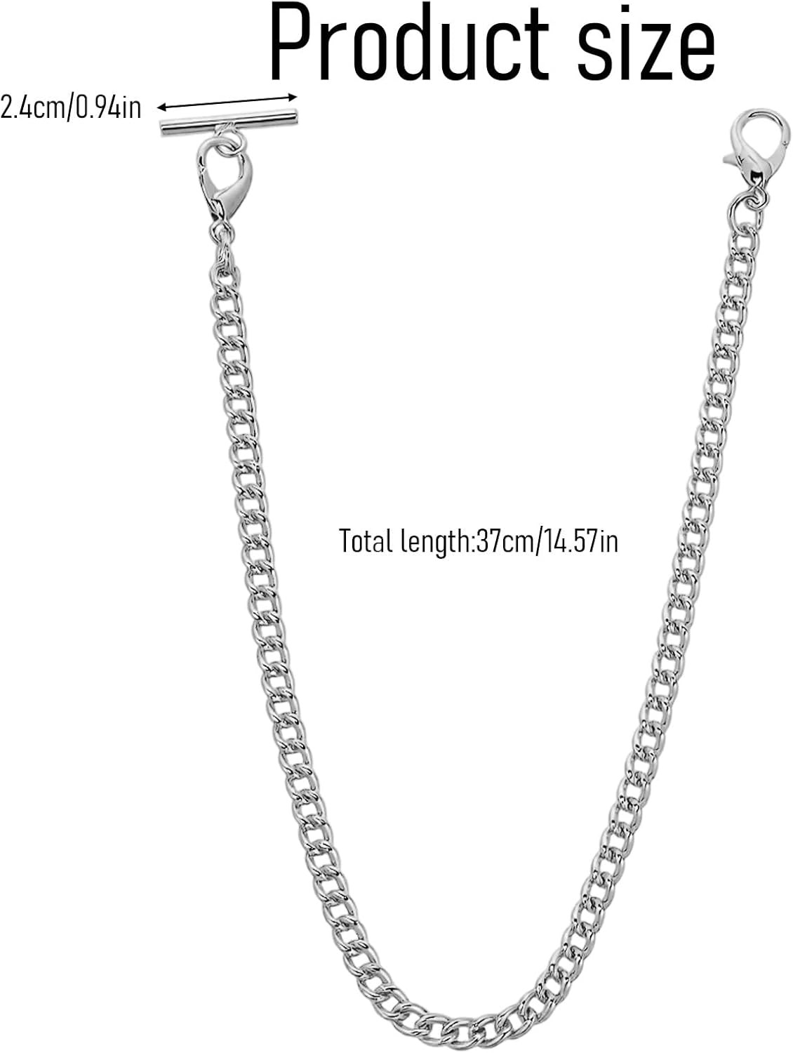 Silver Pocket Watch Chain with T-Bar, 14 Inch Pocket Watch Chains for Men, Silve