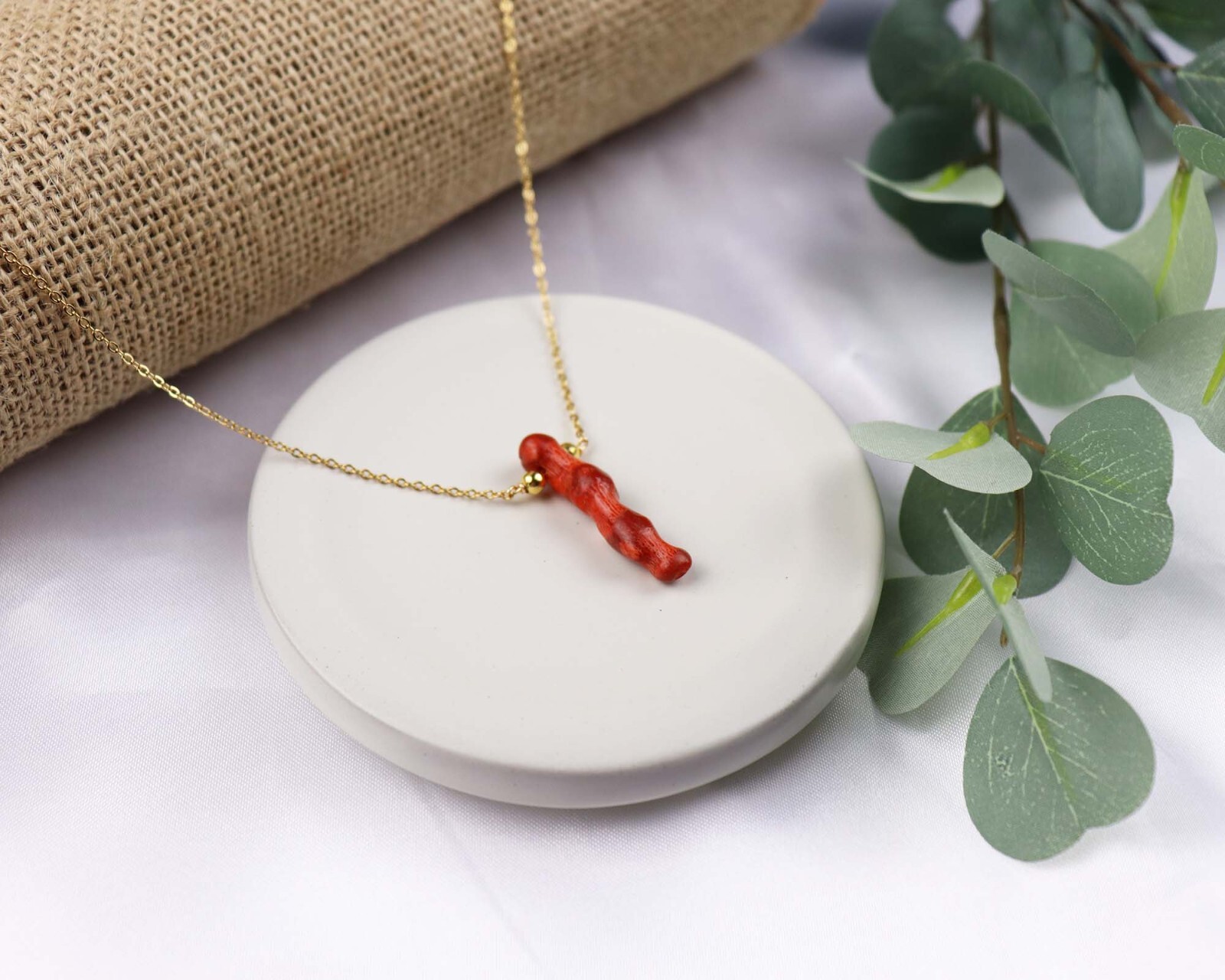 Red Coral Pendant Necklace, Natural Single Red Coral Gold Chain Necklace