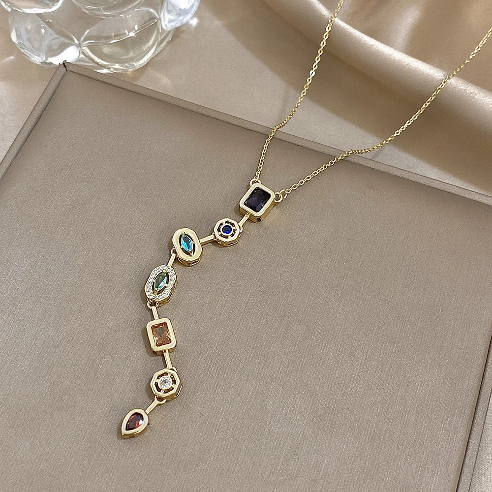 Vintage Geometric Colorful Zircon Long Pendant Necklace for Women Gold Plated