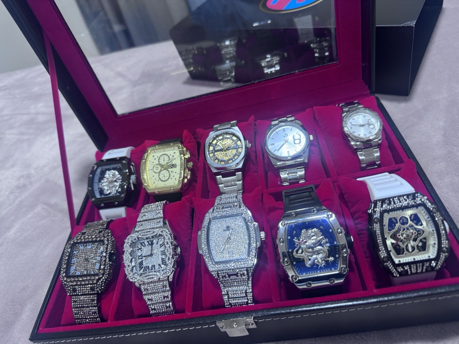 Lot of 10 Assorted Unisex Adult Wristwatches in Display Case