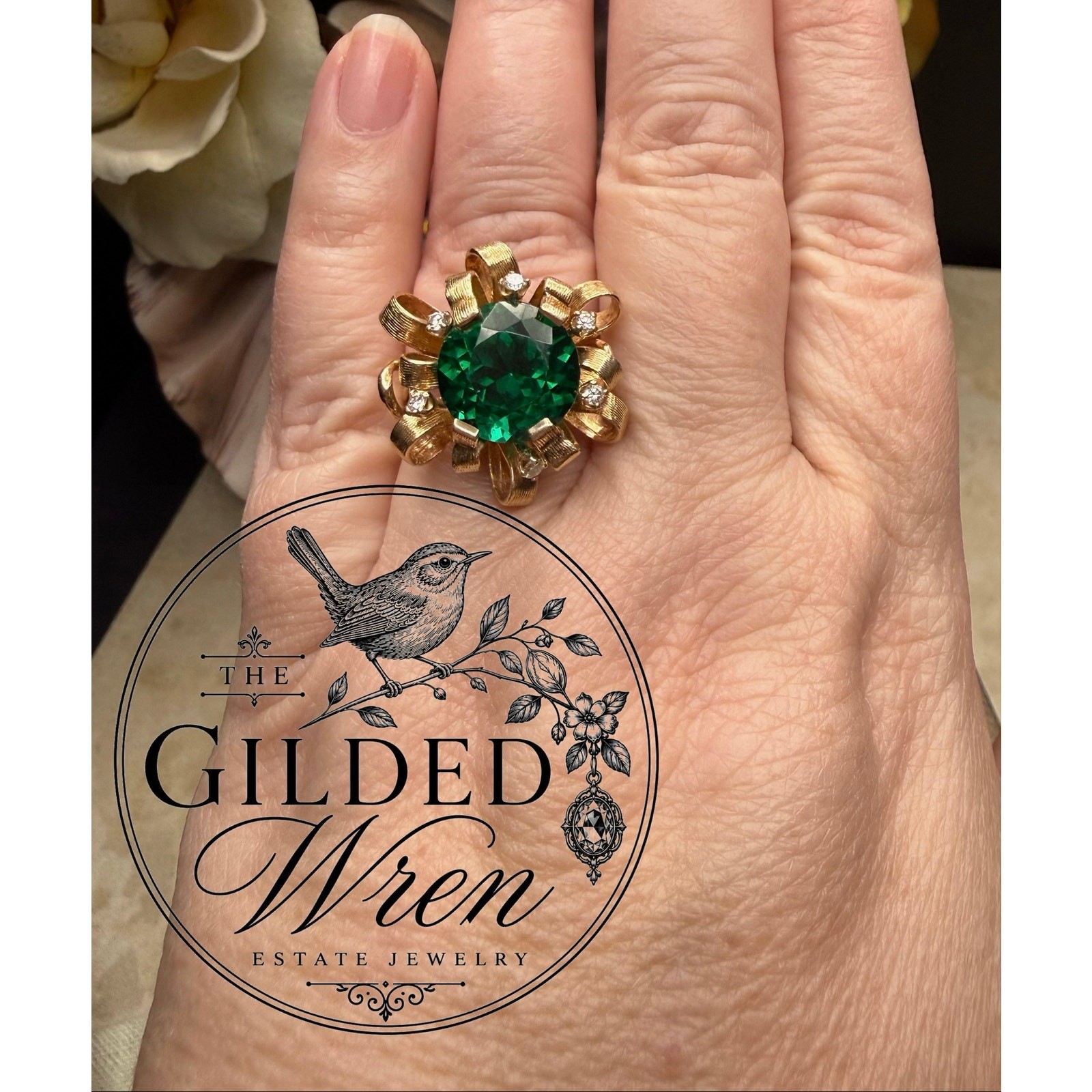 Vintage 14K Gold Hollywood Regency Ribbon Ring | Simulated Emerald 9.28g Sz 6.5