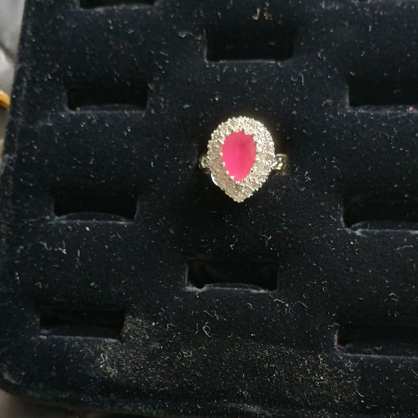 Gold-Tone Pear Red Stone Halo Cocktail Ring, Size 9, Gold-Tone Setting. .925sil.