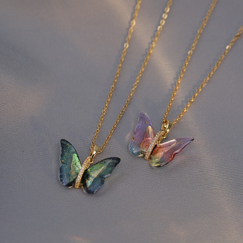 Colored Stone Butterfly Pendant Necklace in Stainless Steel