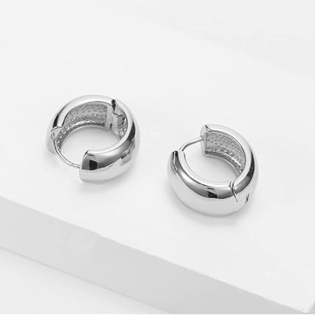 Silver Chunky Hoop Earrings Thick Huggie Hoops for Women