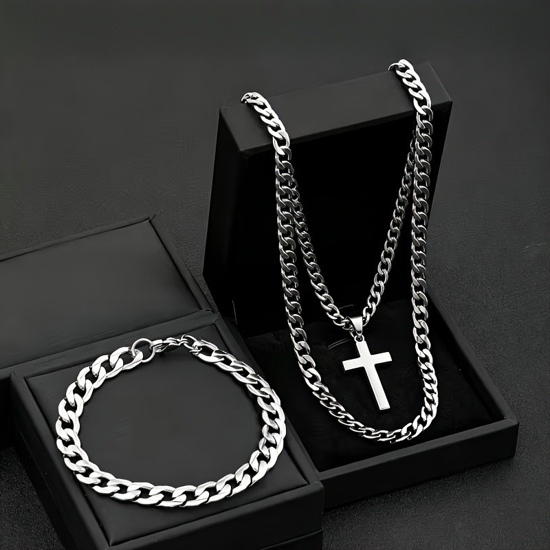 Stainless Steel Cross Pendant Necklace Set, Cuban Twist Chain + Cross, Unisex