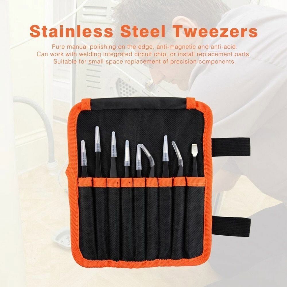 10 x ESD Precision Anti static Tweezers Set Stainless Steel Tool for Electronics