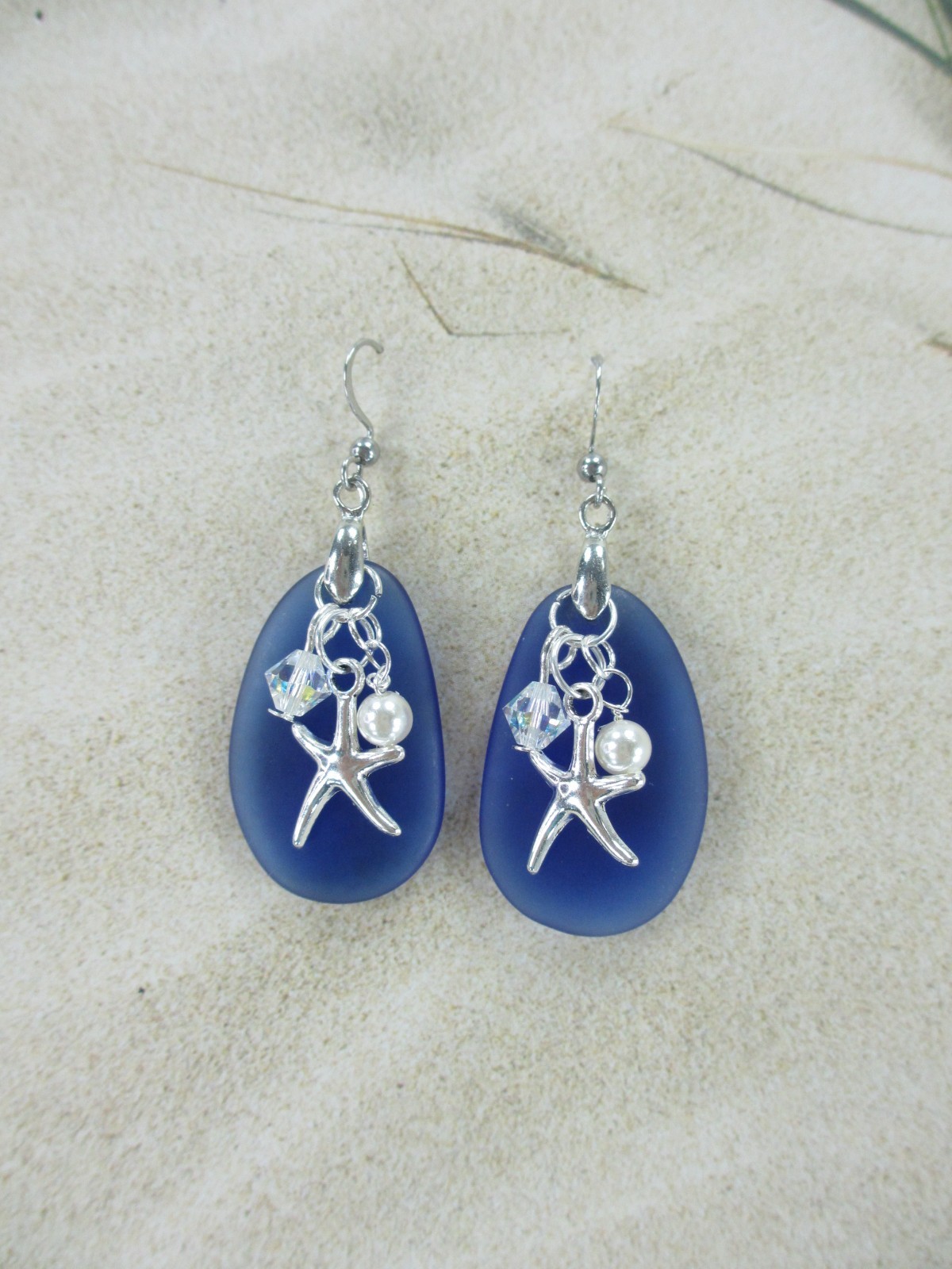 Sea Glass Earrings Made With Swarovski Crystal Bead Pearl Drop Starfish Beach