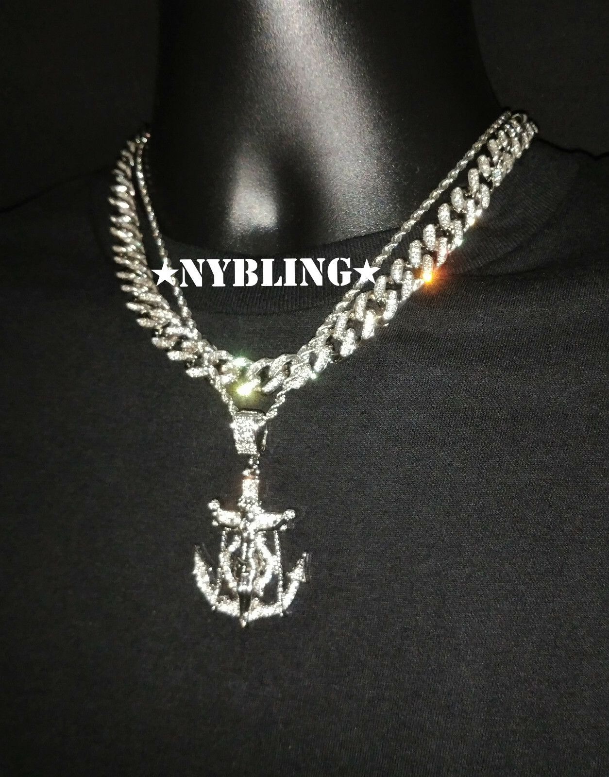 Miami Cuban Chain CZ Necklace, Rope Chain, Jesus Anchor Pendant Plated, 3PC Set