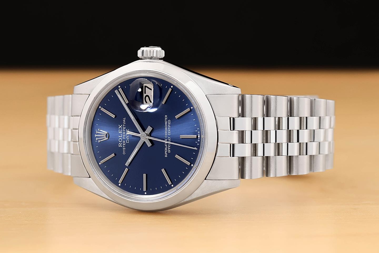 ROLEX MENS OYSTER PERPETUAL DATE 1500 34MM BLUE DIAL STEEL JUBILEE WATCH