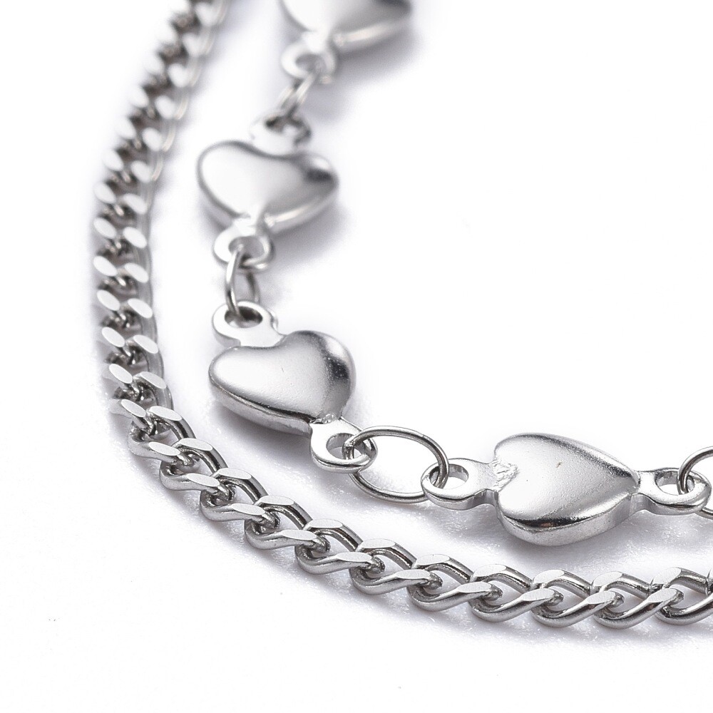 304 Stainless Steel Multi-Strand Anklet Bracelet Lobster Heart Silver 9.2″ Z9