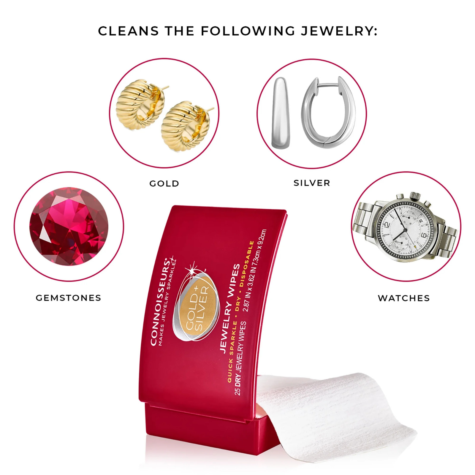 Connoisseurs Gold & Silver Jewelry Cleaning Wipes, Red Compact, 25ct Dry Disposa