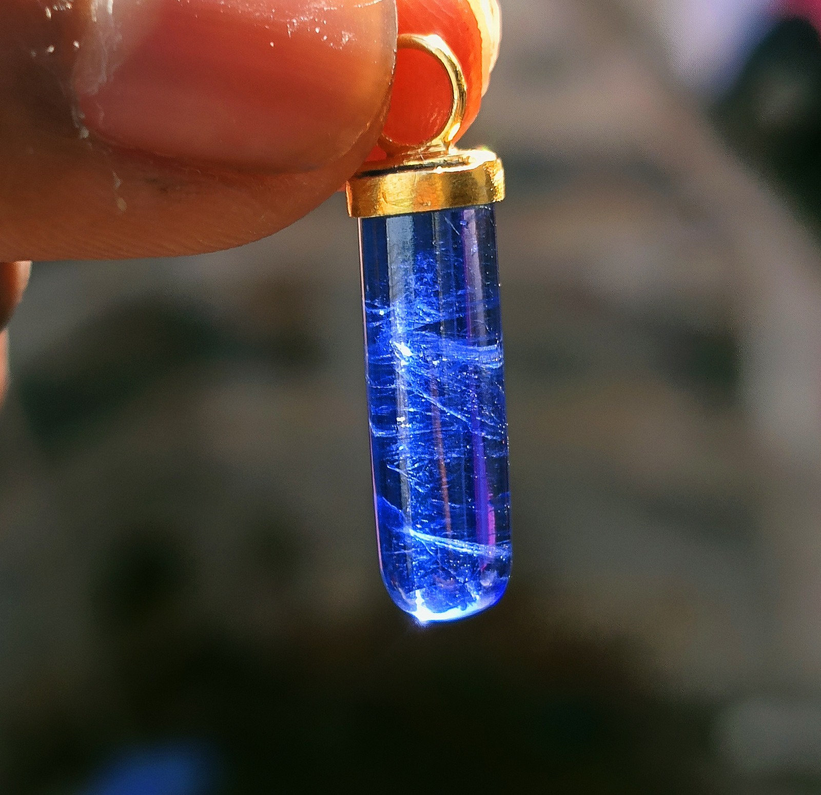 Natural Pencil Blue Sapphire Gold Charm, 18k Solid Gold Handmade Charm Pendant