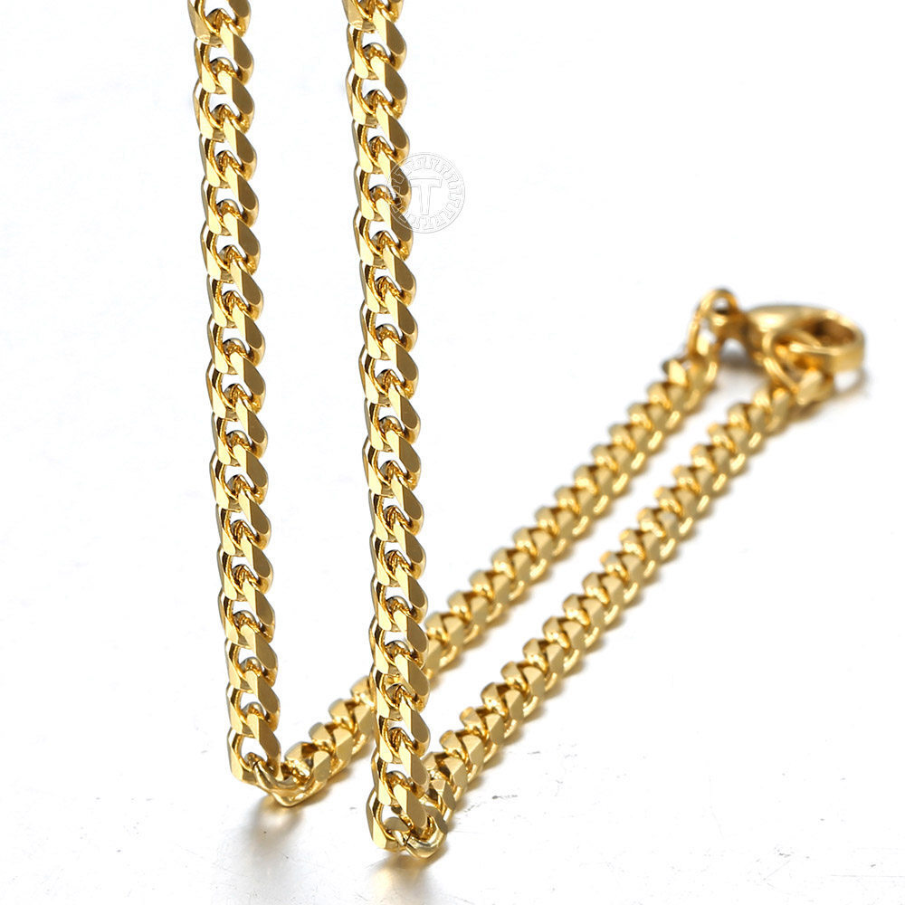 3MM Gold Plated Stainless Steel Curb Chain Necklace Bracelet Jewelry Set 7-30IN