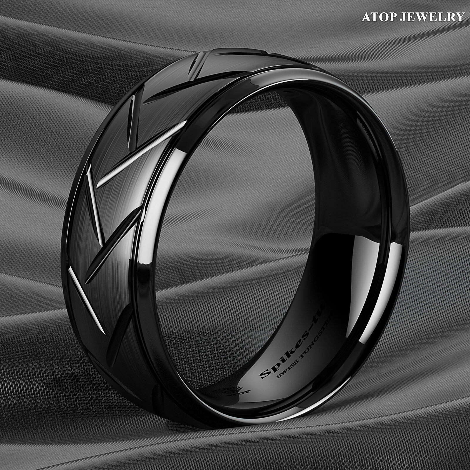 8/6mm Dome Black Brushed Tungsten Ring for Mens Wedding Band Bridal ATOP Jewelry