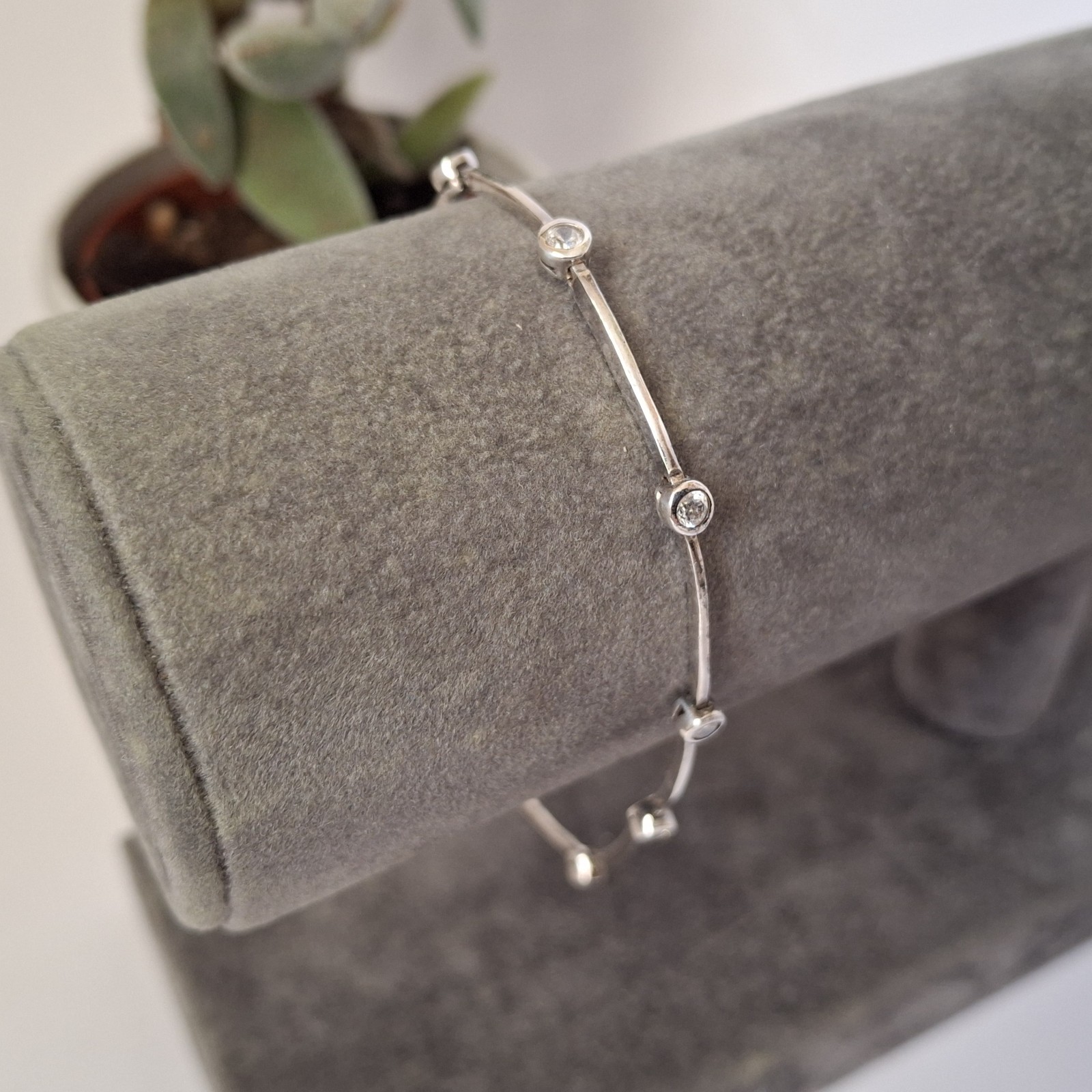 925 Sterling Silver CZ Station Link Bracelet Modern Minimalist Wedding Sparkle
