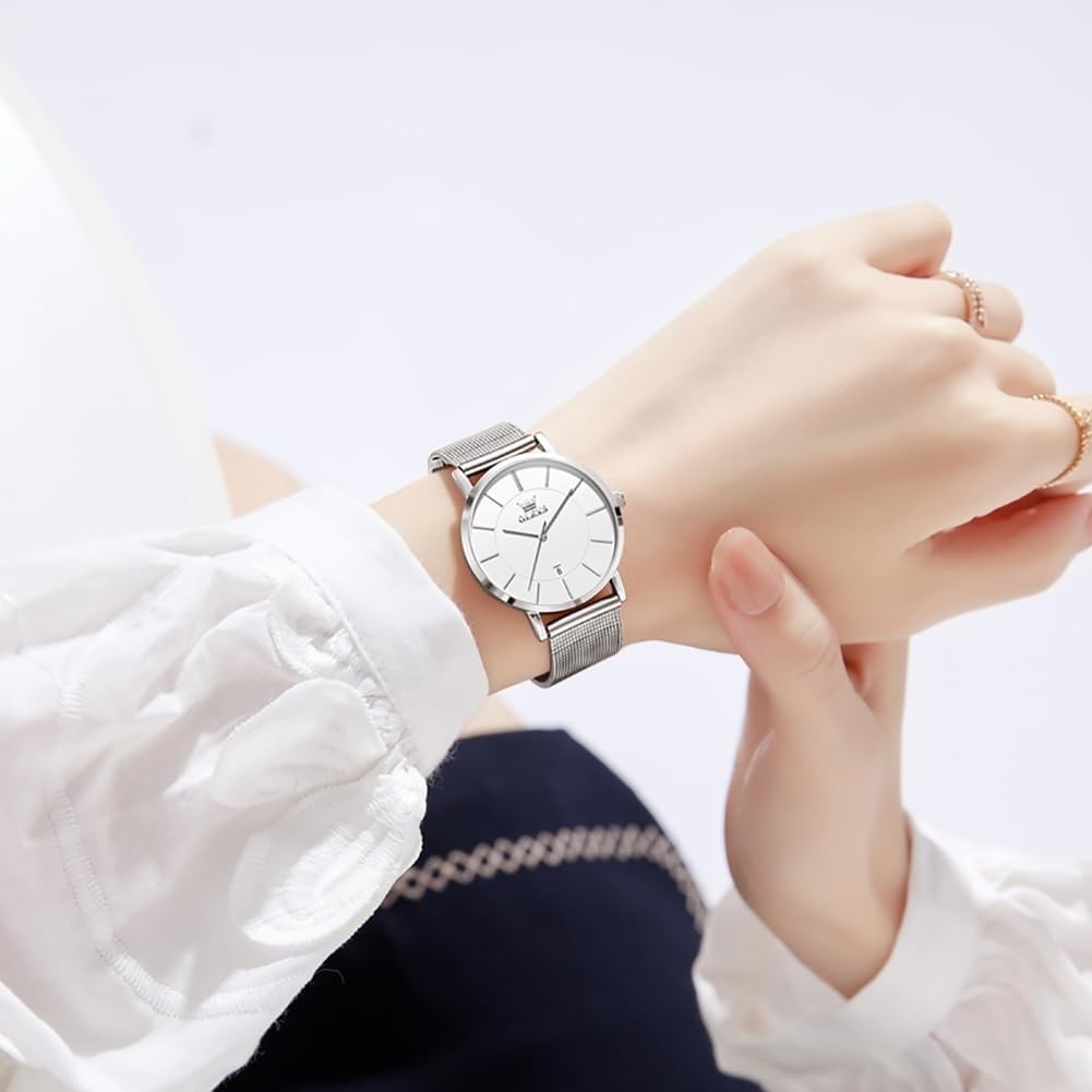 Ultra-Thin Silver Ladies Watch – Stylish Waterproof Mesh Strap with Date Display