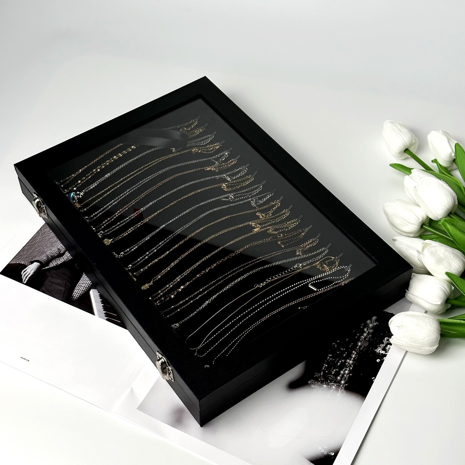 Black 20 Hooks Velvet Necklace Organizer Box Necklace Holder Tray with Clear Lid
