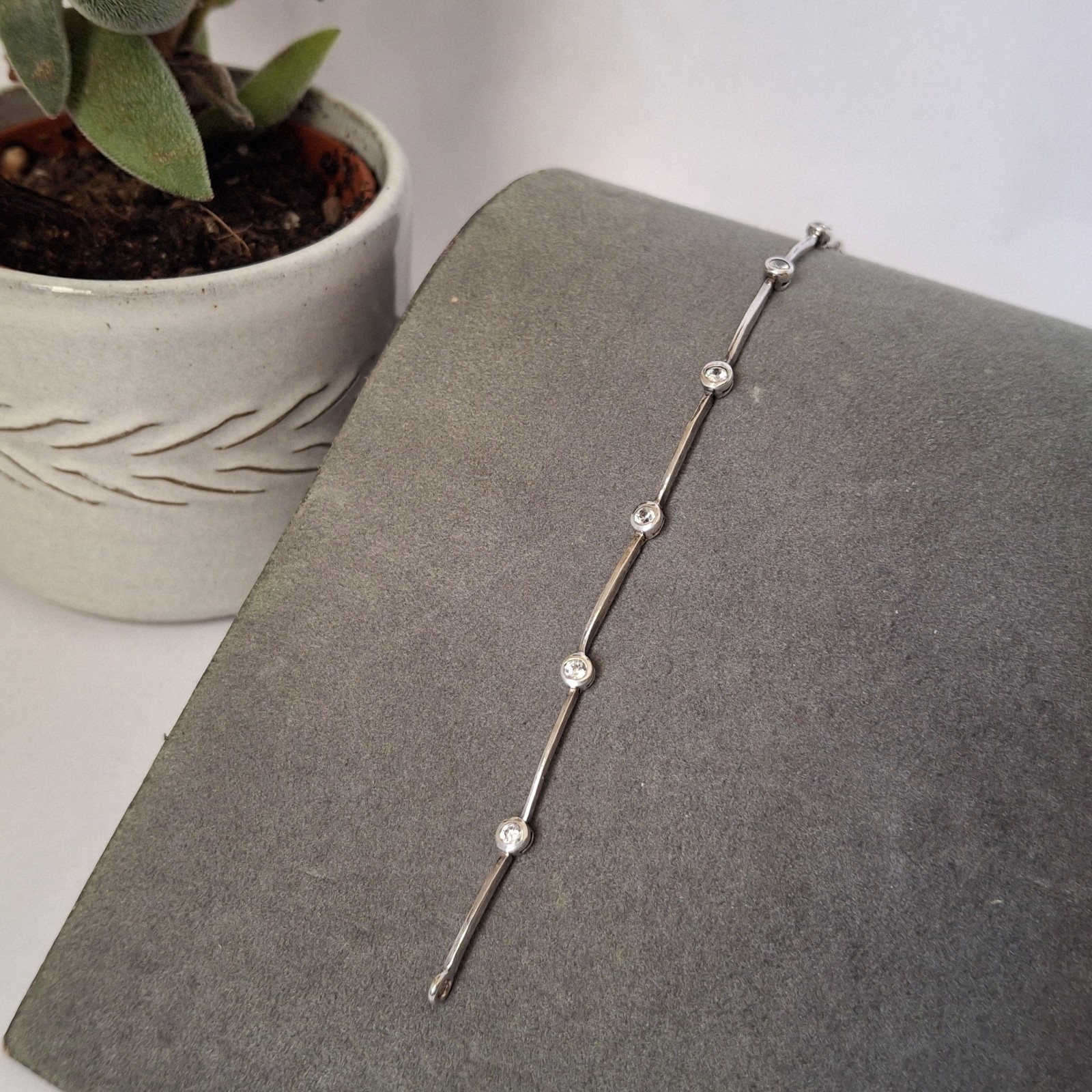 925 Sterling Silver CZ Station Link Bracelet Modern Minimalist Wedding Sparkle
