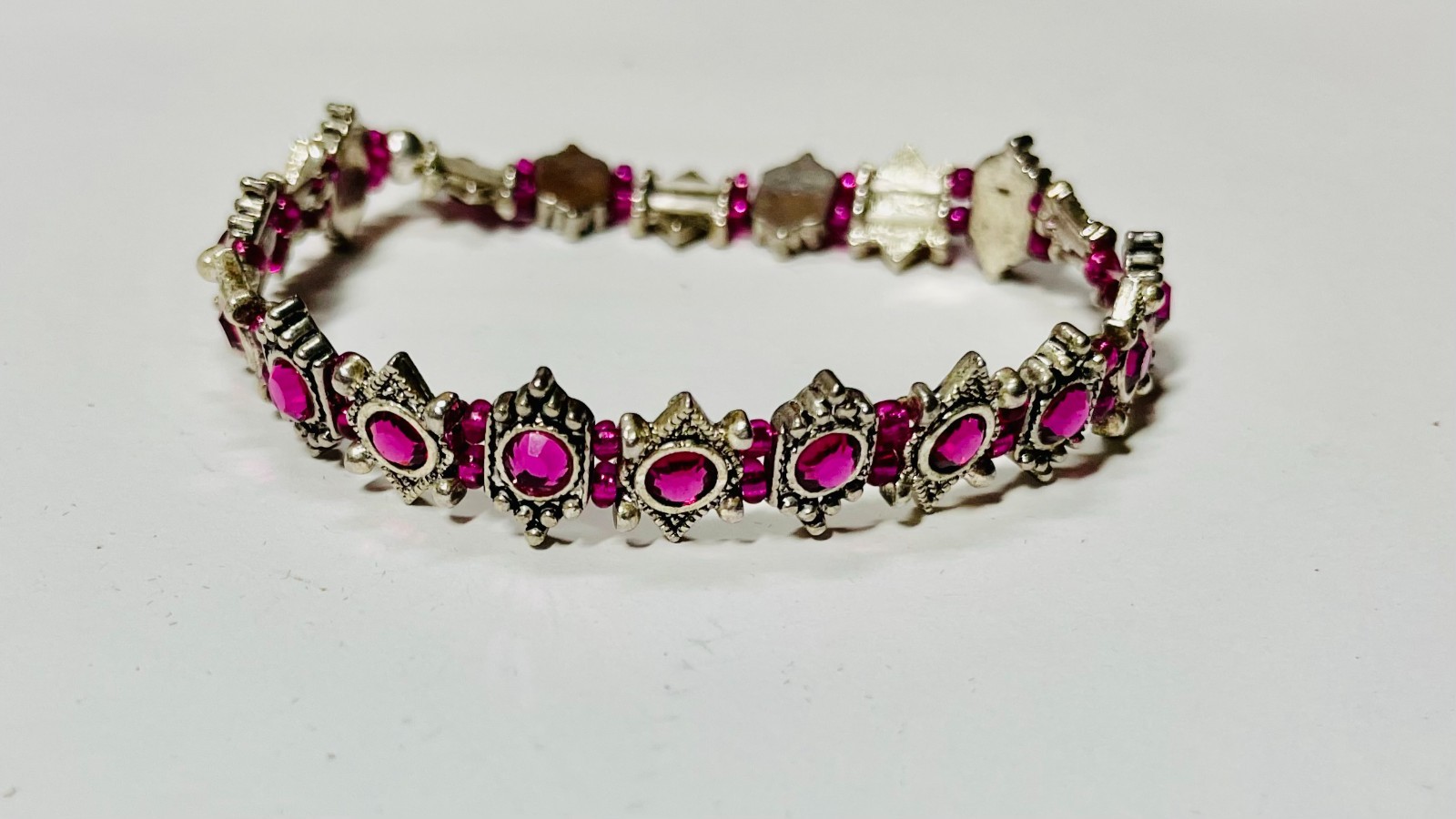 Hand Crafted Bright Pink Austrian Crystal Stretch Bracelet In Silver Tone
