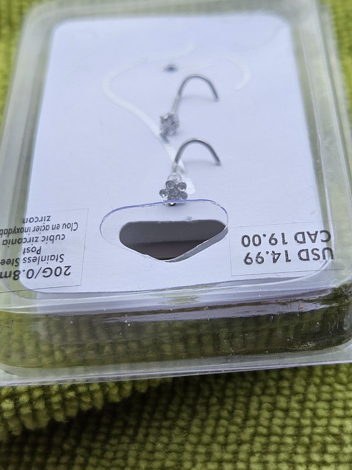 ICING 2-Nose Rings Stainless Steel 20G/0.8mm with cubic zirconia NEW ships FREE