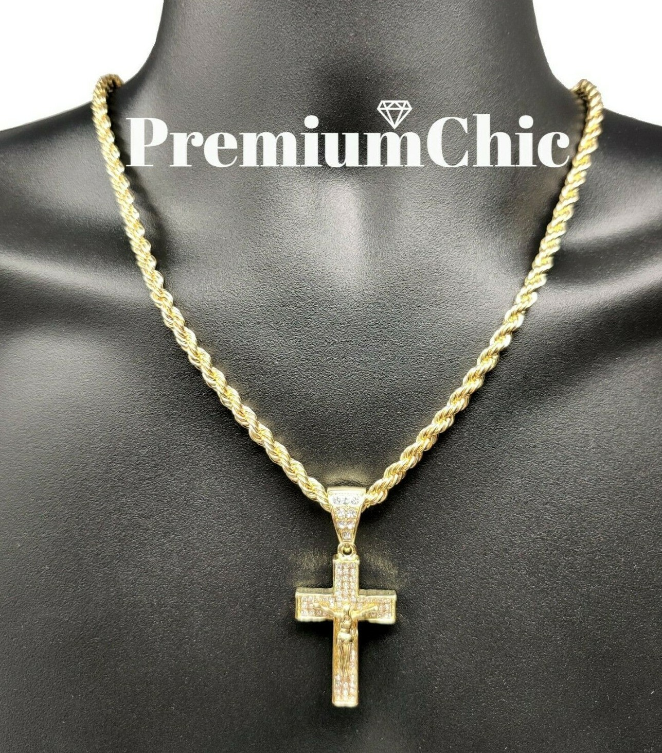 ICED Jesus Cross Pendant Necklace Choker with Rope Chain Mens Plated CZ Jewelry