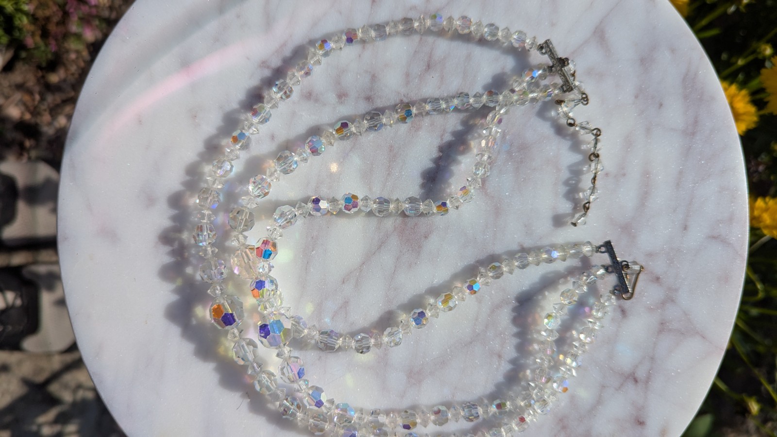 Clear Faceted Crystal Beaded Double Strand Necklace Round Beads Hook Closure