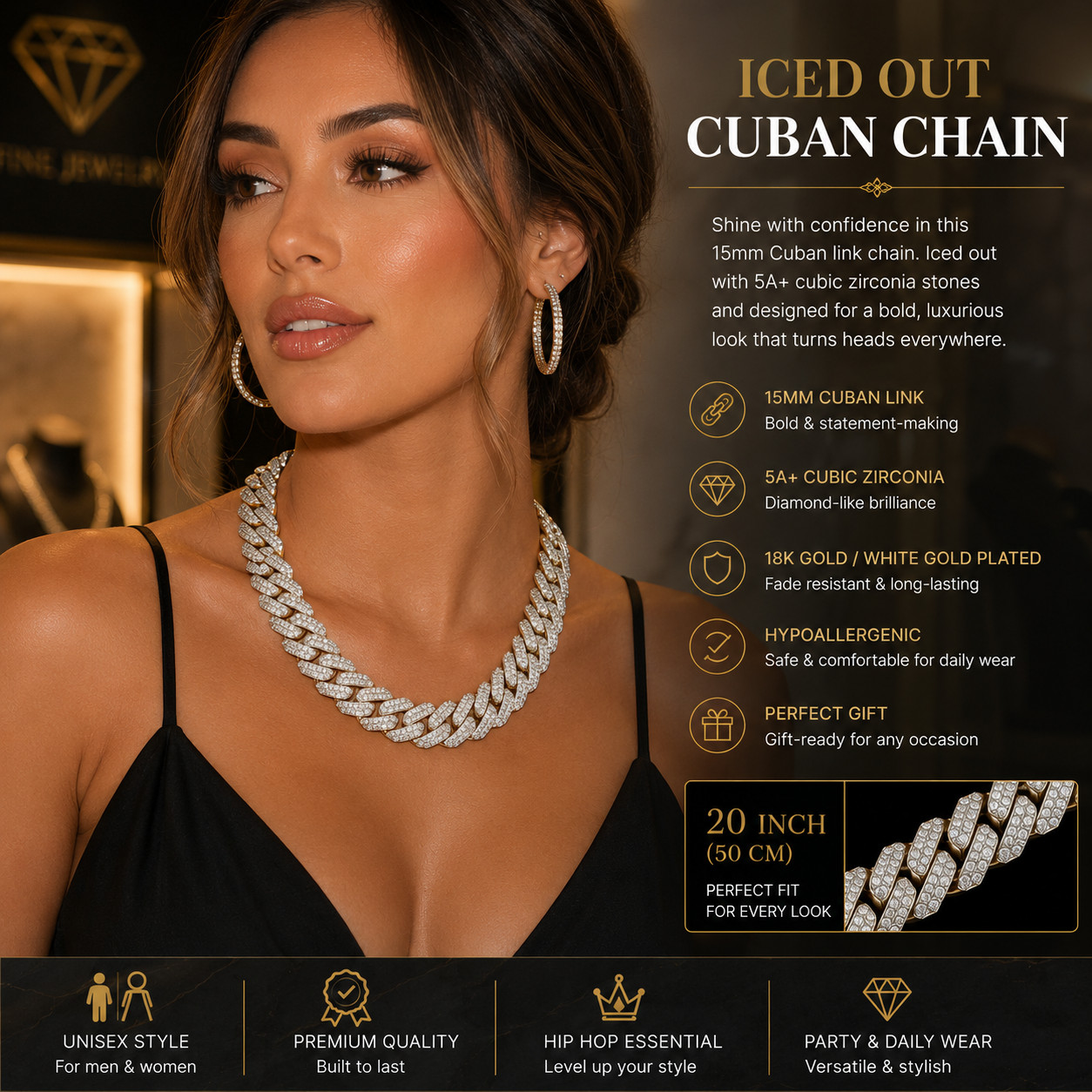 15mm Iced Out Cuban Link Chain Necklace White Gold Plated Mens Hip Hop