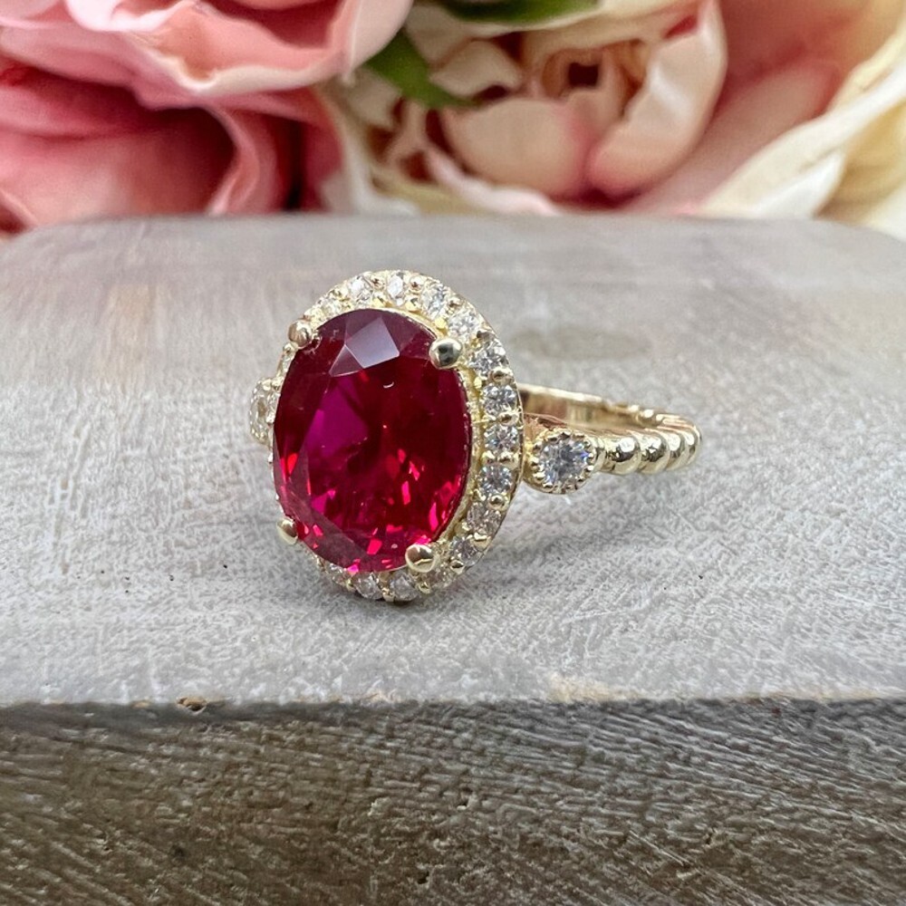 14K Yellow Gold Wedding Ring Lab Created 3.50 Ct Diamond Women Ruby Oval Red