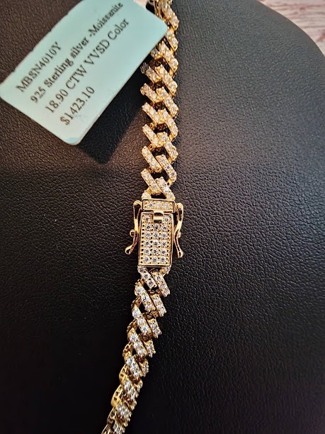 18-inch Moissanite Monaco chain with rose embellishment 14k over 925-25grams-7mm