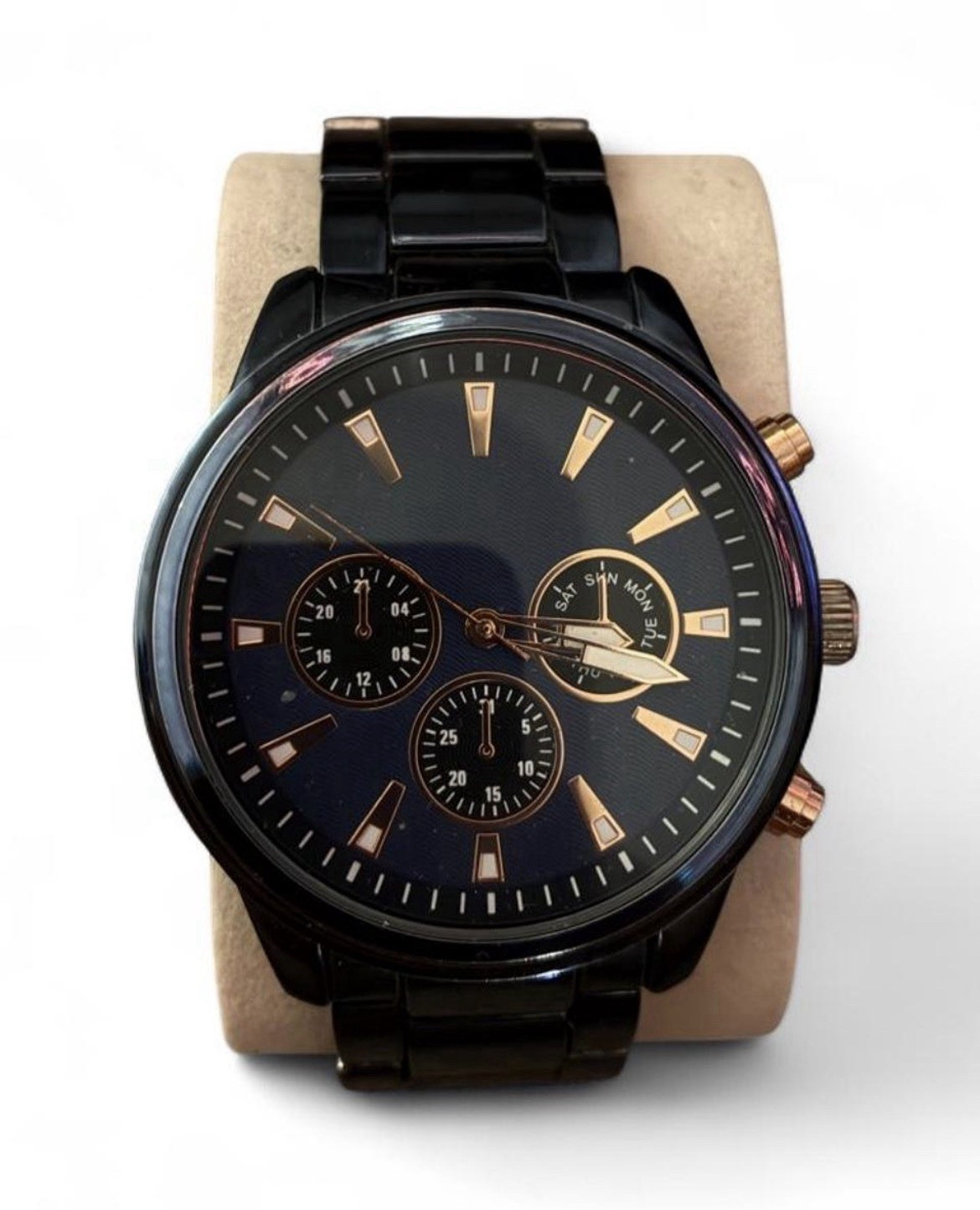 Analog Multi-Dial Day/Date Watch Black Metal Bracelet Round Case Stick Index