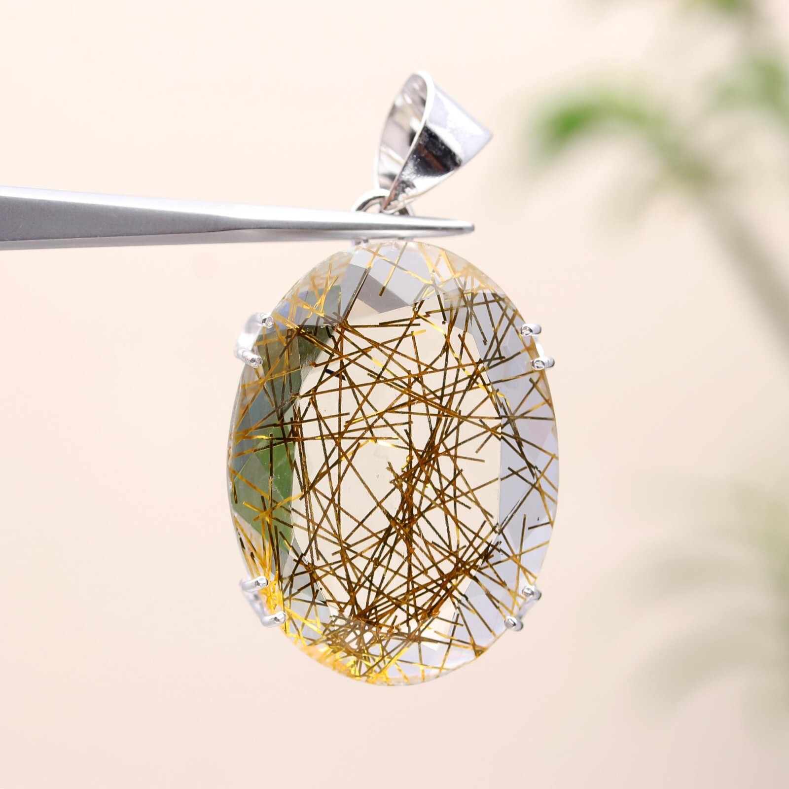 Golden Rutile Gemstone Pendant 925 Sterling Silver Jewelry Handmade Pendant