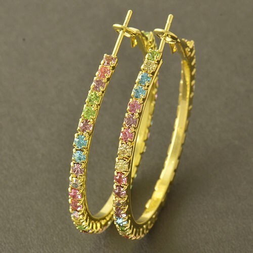 Pretty Yellow Gold Plated Multicolor Crystal CZ Round Large 1.75″ Hoop Earrings
