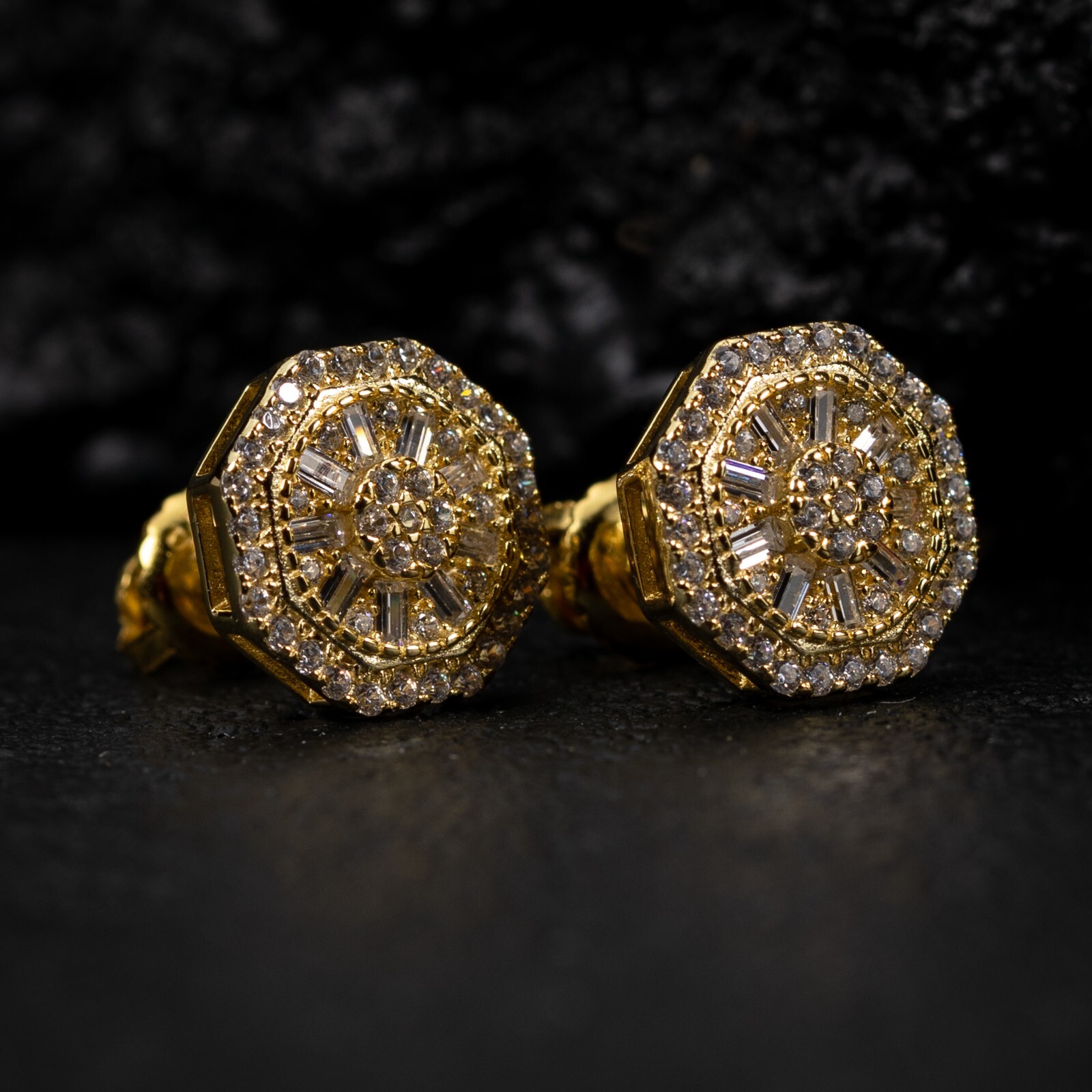 Men’s 14K Yellow Gold Plated 925 Sterling Iced Cz Octagonal Shaped Stud Earrings