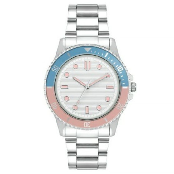 Time and Tru Womens Watch Silver Tone Adjustable Links Pink Blue Bezel New Boxed