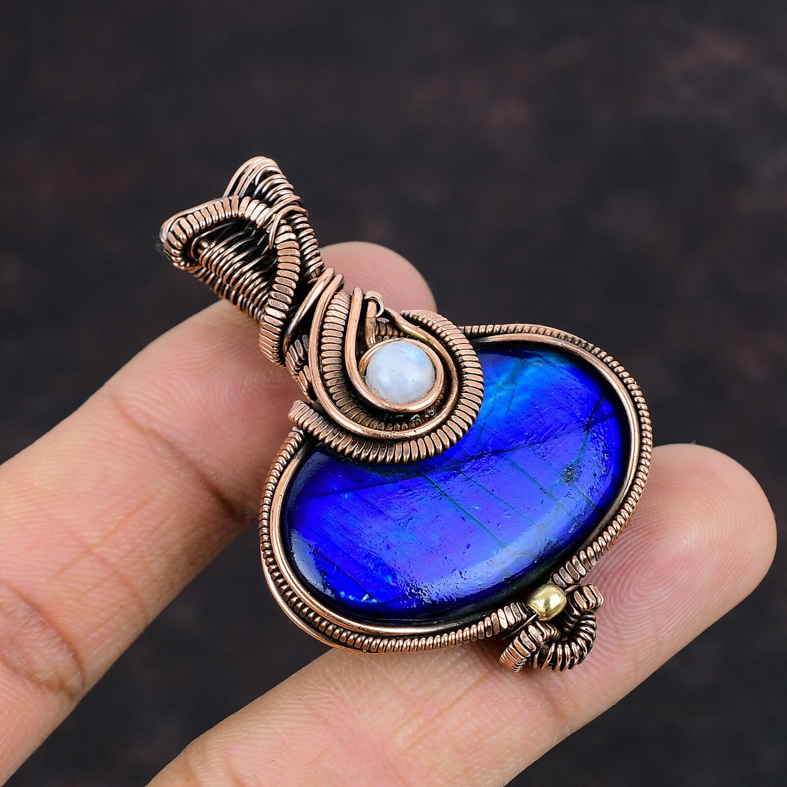 Blue Fire Labradorite Copper Gift For Briedsmaid Wire Wrapped Pendant 2.24″