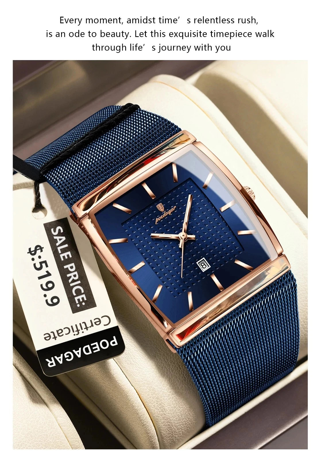 Luxury Men’s Watch Rectangle Steel Mesh Waterproof Luminous Date Quartz