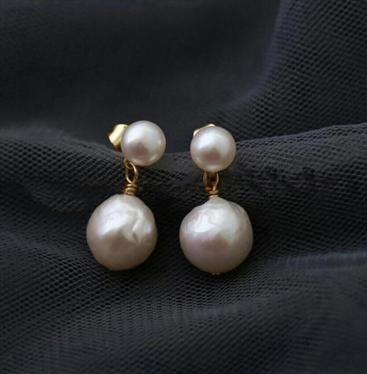 11-12mm Natural White South Sea Baroque Edison Double Pearl Dangle Stud Earrings