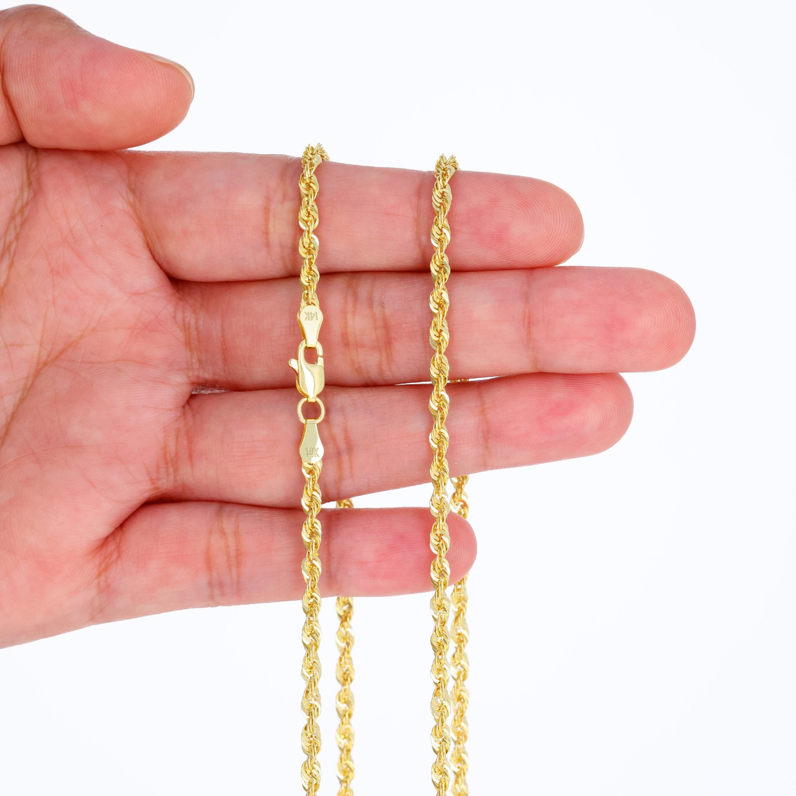 14K Yellow Gold 1mm-4mm Laser Diamond Cut Rope Chain Necklace Men Women 16″- 30″