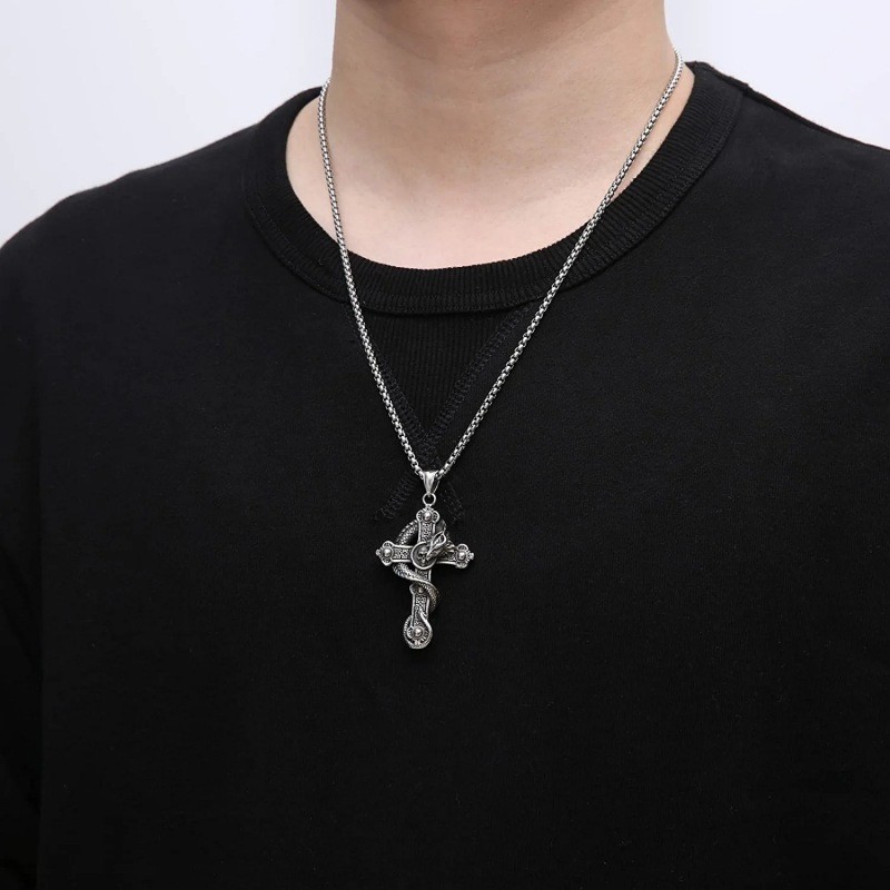 Dragon Wrapped Skull Cross Pendant Vintage Titanium Gothic Punk Necklace For Men