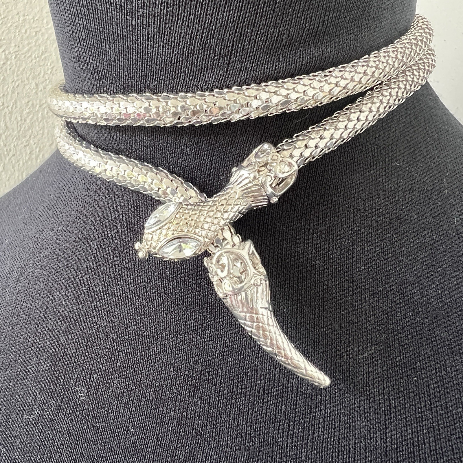 Vintage Silver Chainmail Mesh Serpent Snake Belt Necklace Adjustable Lariat 30”