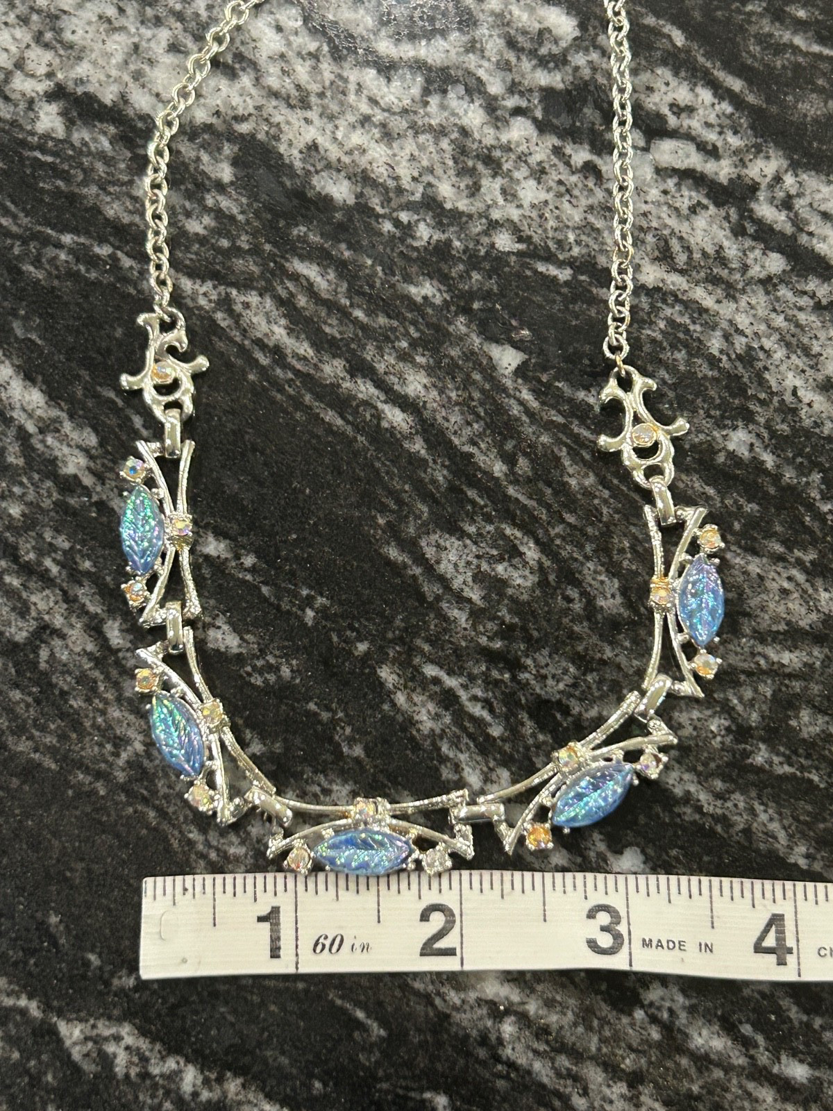 Vintage CARVED Blue AB Foil Back Glass Rhinestone Silvertone Necklace 1950/60s