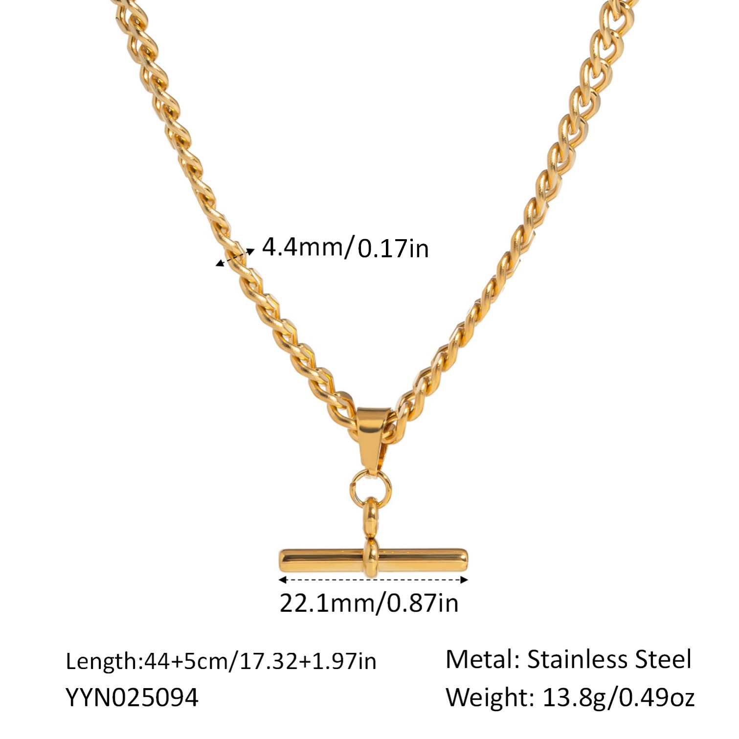 Hip Hop Punk Stainless Steel T-Bar Pendant Fried Dough Twists Chain Cuban Chain