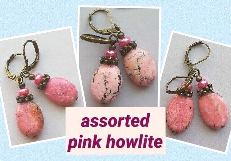 PINK HOWLITE Glass Pearl drop earrings handcrafted SP CHOOSE XX