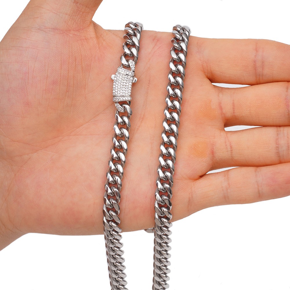 8mm Men Women Stainless Steel Maimi Cuban Link Chain Necklace 5A CZ Lock 16″-40″