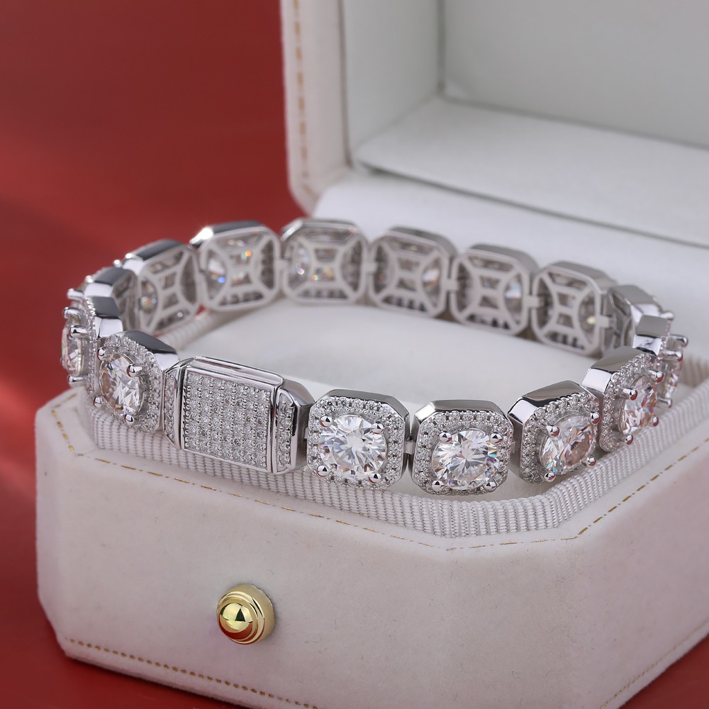 Full Real Moissanite Halo Tennis Bracelet Men 925 Sterling Silver Chain Hip Hop